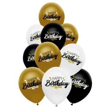   Happy Birthday lufi csomag, 10 darabos, 30 cm, fekete, fehér, arany színekben, 05067