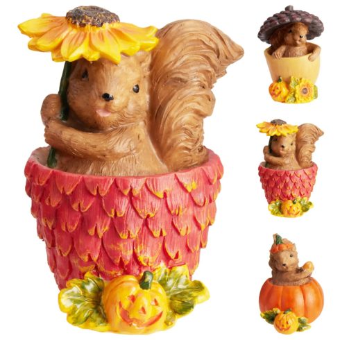 Őszi dekoráció, mókus cserépben 3 féle, 11 cm - 19389