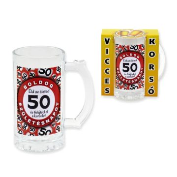   Boldog 50. Születésnapot feliratos üveg söröskorsó, 400 ml, 23458
