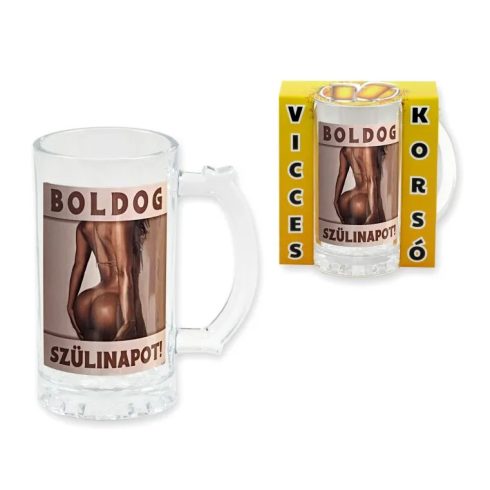 Boldog Szülinapot feliratos, popsis üveg söröskorsó, 400 ml, 23474
