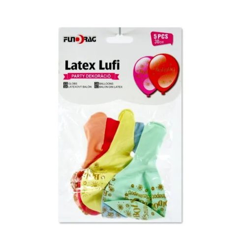 Boldog Szülinapot feliratos pasztell színes lufi, 5 darabos csomag, 30 cm,  23492