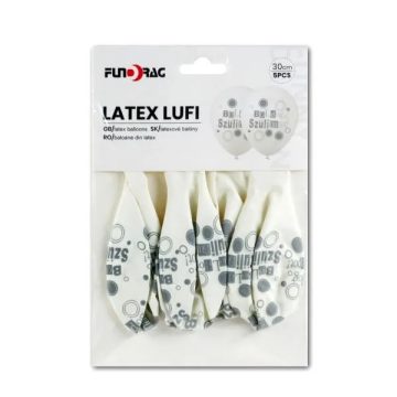   Boldog Szülinapot feliratos lufi, fehér és ezüst, 5 darabos csomag, 30 cm,  23499
