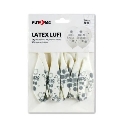 Boldog Szülinapot feliratos lufi, fehér és ezüst, 5 darabos csomag, 30 cm,  23499