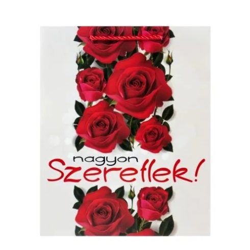 Nagyon Szeretlek feliratos, rózsás dísztasak, 18 x 23 x 10 cm, 23521