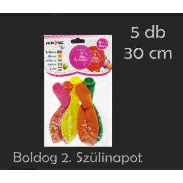   Boldog 2. Szülinapot feliratos lufi csomag, 5 db, 30 cm, 23552