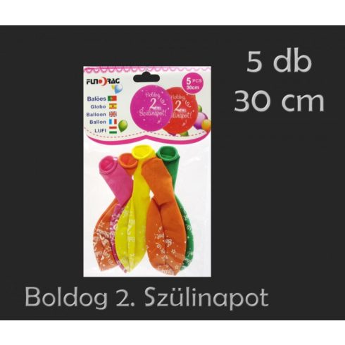 Boldog 2. Szülinapot feliratos lufi csomag, 5 db, 30 cm, 23552