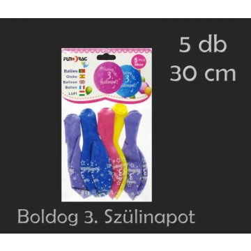   Boldog 3. Szülinapot feliratos lufi csomag, 5 db, 30 cm, 23553