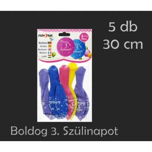 Boldog 3. Szülinapot feliratos lufi csomag, 5 db, 30 cm, 23553