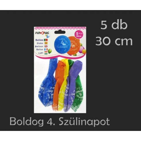 Boldog 4. Szülinapot feliratos lufi csomag, 5 db, 30 cm, 23554