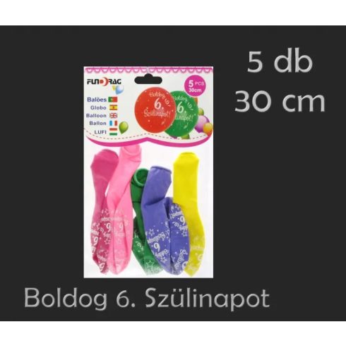 Boldog 6. Szülinapot feliratos lufi csomag, 5 db, 30 cm, 23556