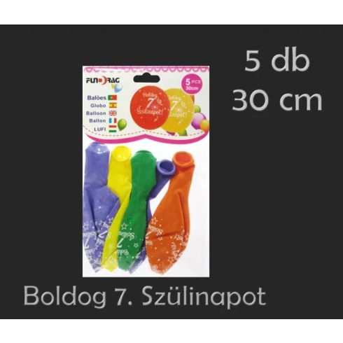 Boldog 7. Szülinapot feliratos lufi csomag, 5 db, 30 cm, 23557