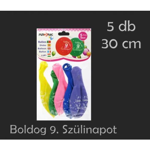 Boldog 9. Szülinapot feliratos lufi csomag, 5 db, 30 cm, 23559