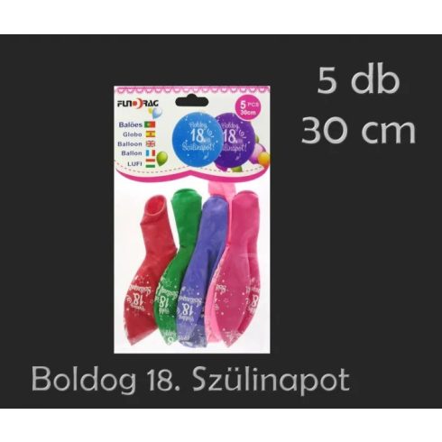Boldog 18. Szülinapot feliratos lufi csomag, 5 db, 30 cm, 23561
