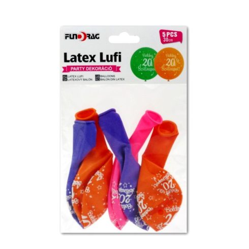 Boldog 20. Szülinapot feliratos lufi csomag, 5 db, 30 cm, 23562