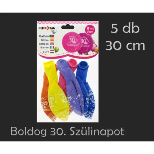Boldog 30. Szülinapot feliratos lufi csomag, 5 db, 30 cm, 23563