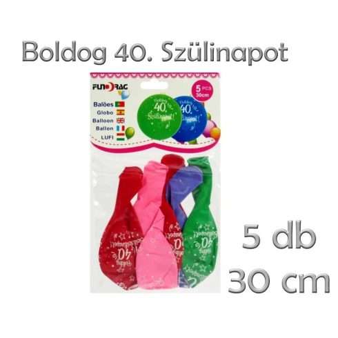 Boldog 40. Szülinapot feliratos lufi csomag, 5 db, 30 cm, 23564