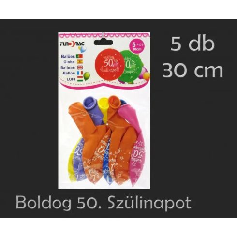 Boldog 50. Szülinapot feliratos lufi csomag, 5 db, 30 cm, 23565