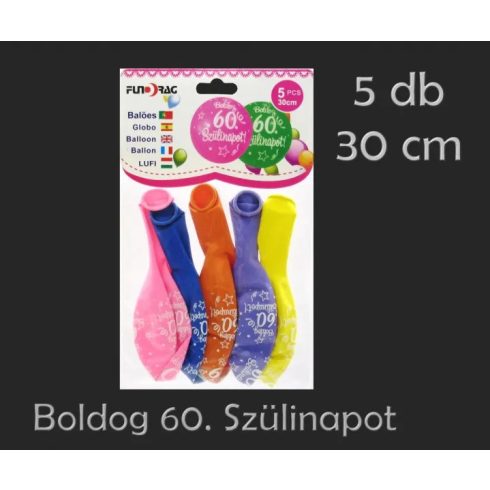 Boldog 60. Szülinapot feliratos lufi csomag, 5 db, 30 cm, 23566