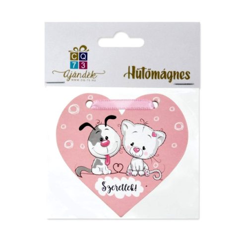 Szív formájú hűtőmágnes, kutya-cica, szeretlek feliratos, 23597