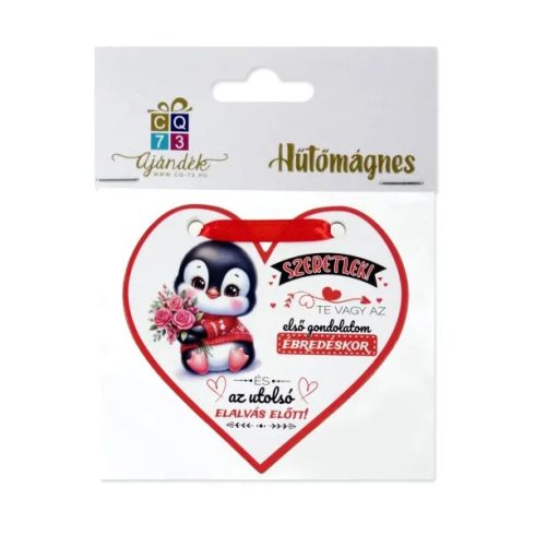 Szív formájú hűtőmágnes, pingvines, szeretlek feliratos, 23598