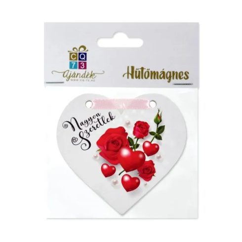 Szív formájú hűtőmágnes, rózsás, nagyon szeretlek feliratos, 23601