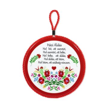   Edényalátét, kalocsai mintás, házi áldás feliratos, 17 x 19 cm, 23687