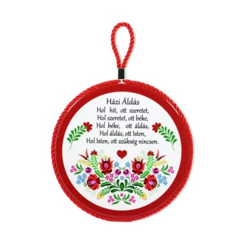 Edényalátét, kalocsai mintás, házi áldás feliratos, 17 x 19 cm, 23687