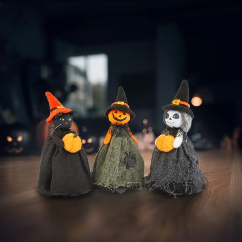 Halloween dekoráció, macska, szellem, tökfej, 21 cm, 24018