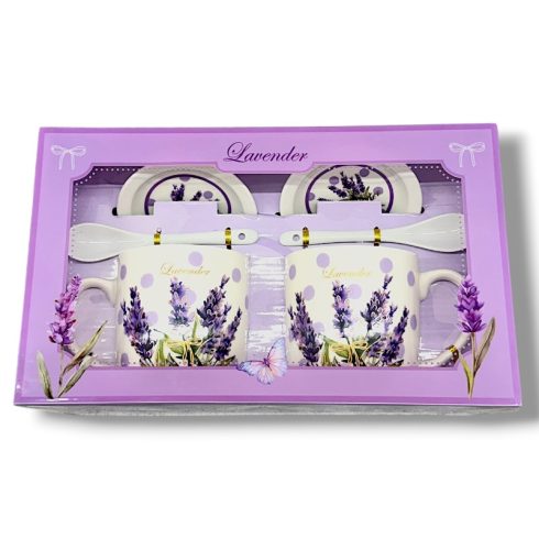 Bögre szett, levendulás, 2 darabos, 300 ml, bögre + kanál + tányér, 26055