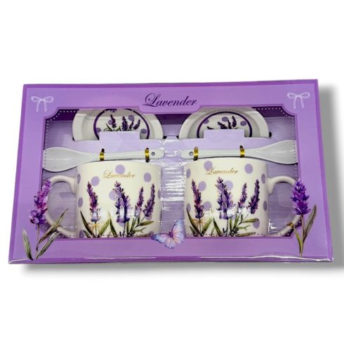 Bögre szett, levendulás, 2 darabos, 300 ml, bögre + kanál + tányér, 26055