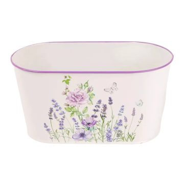 Bádog kaspó, ovál, lila virágos, 23 x 12 cm, 40359