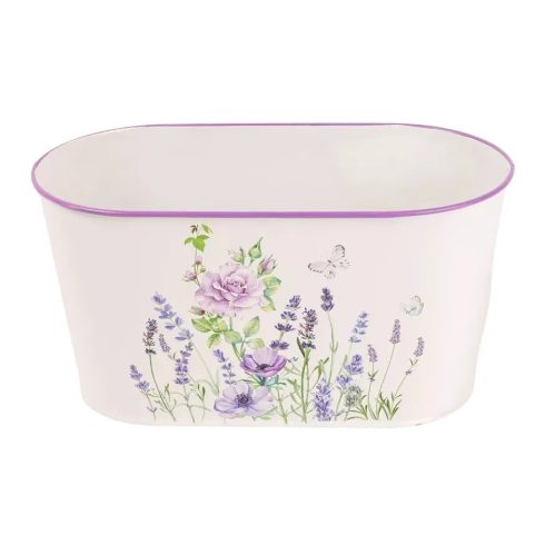 Bádog kaspó, ovál, lila virágos, 23 x 12 cm, 40359