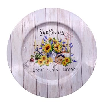 Bádog tálca, kör, napraforgós, 33 cm, 40360