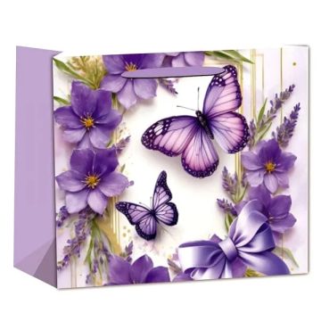 Papírtasak, lila lepke virággal, 14 x 11 cm, 40362