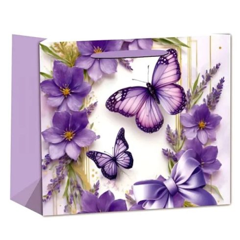 Papírtasak, lila lepke virággal, 14 x 11 cm, 40362