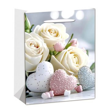 Papírtasak, fehér rózsa szívekkel, 11 x 14 cm, 40363