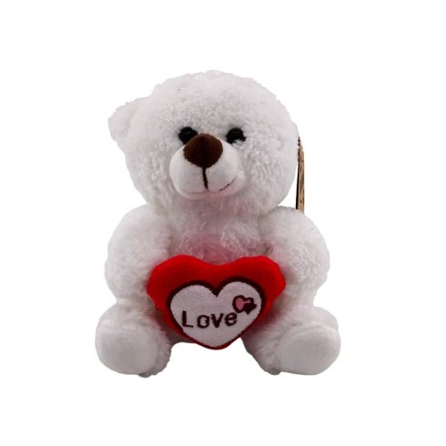 Fehér/piros ülő maci szívvel, 15 cm, 40530