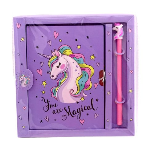 Emlékkönyv szett tollal és lakattal, unikornisos díszítéssel, 20,5 x 21 cm, 70307