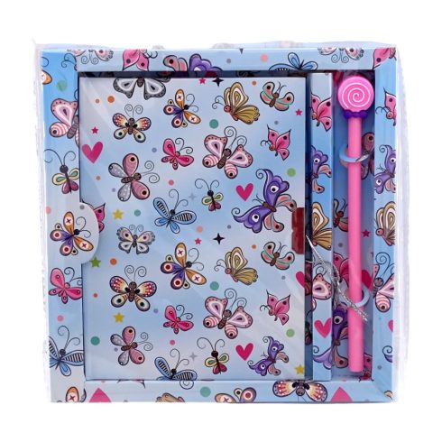 Emlékkönyv szett tollal és lakattal, lepkés díszítéssel, 20,5 x 21 cm, 70310