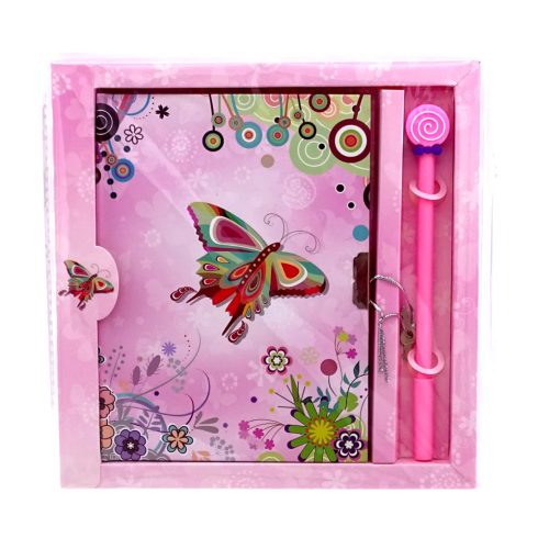 Emlékkönyv szett tollal és lakattal, lepkés díszítéssel, 20,5 x 21 cm, 70310