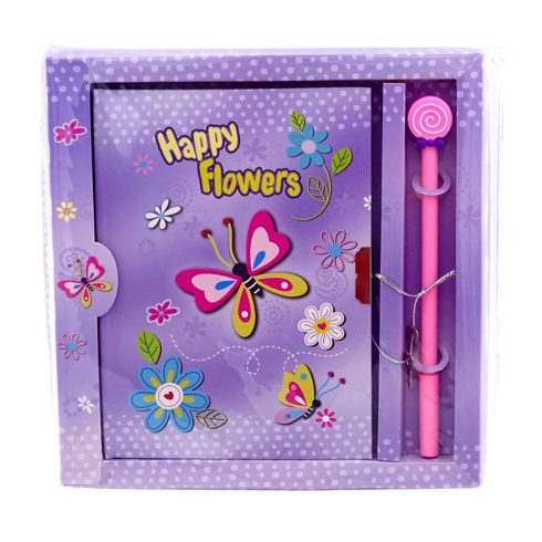 Emlékkönyv szett tollal és lakattal, lepkés díszítéssel, 20,5 x 21 cm, 70310