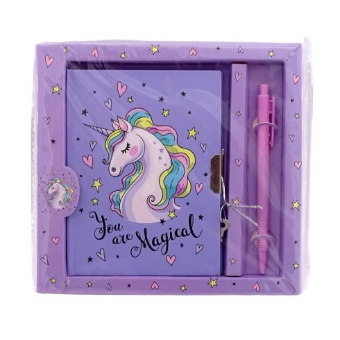 Emlékkönyv szett tollal és lakattal, unikornisos díszítéssel, 19 x 18 cm, 70961