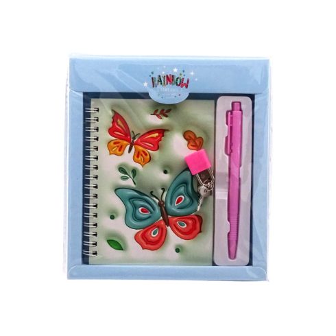 Emlékkönyv szett tollal és lakattal, lepkés díszítéssel, 19 x 18 cm, 70971