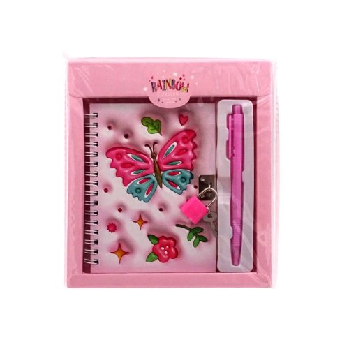 Emlékkönyv szett tollal és lakattal, lepkés díszítéssel, 19 x 18 cm, 70971