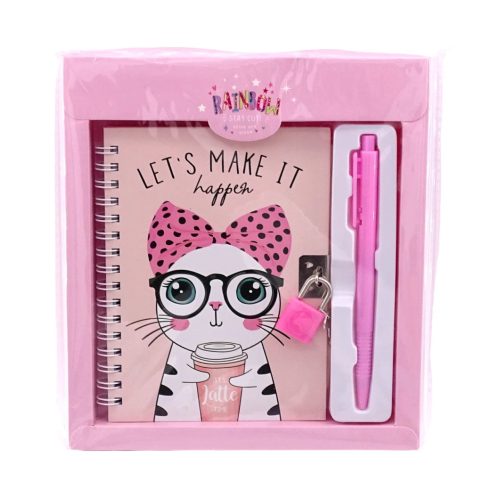 Notesz szett lakattal és tollal, cicás díszítéssel, 17 x 19 cm, 70972