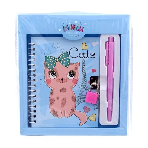 Notesz szett lakattal és tollal, cicás díszítéssel, 17 x 19 cm, 70972