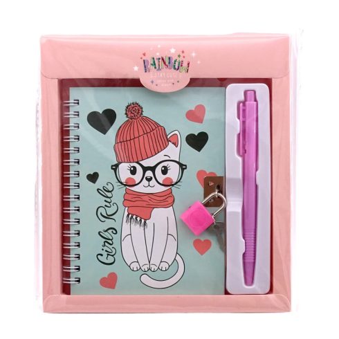 Notesz szett lakattal és tollal, cicás díszítéssel, 17 x 19 cm, 70972