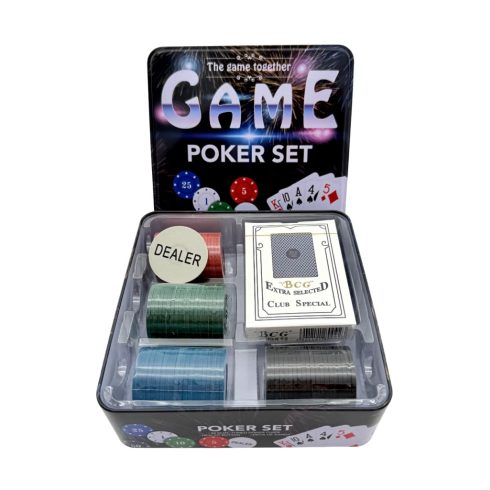 Póker játékszett fémdobozban, 80 db zseton + kártya, 72686