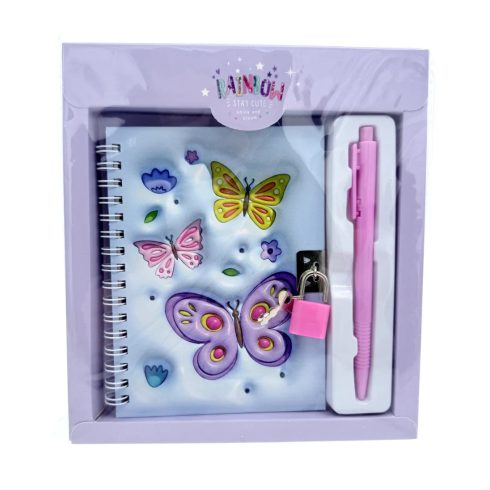 Emlékkönyv + lakat + toll szett, lepkés, 17 x 19 cm, 72889