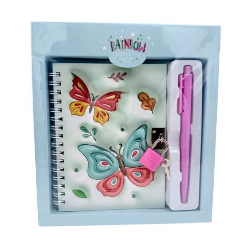 Emlékkönyv + lakat + toll szett, lepkés, 17 x 19 cm, 72889